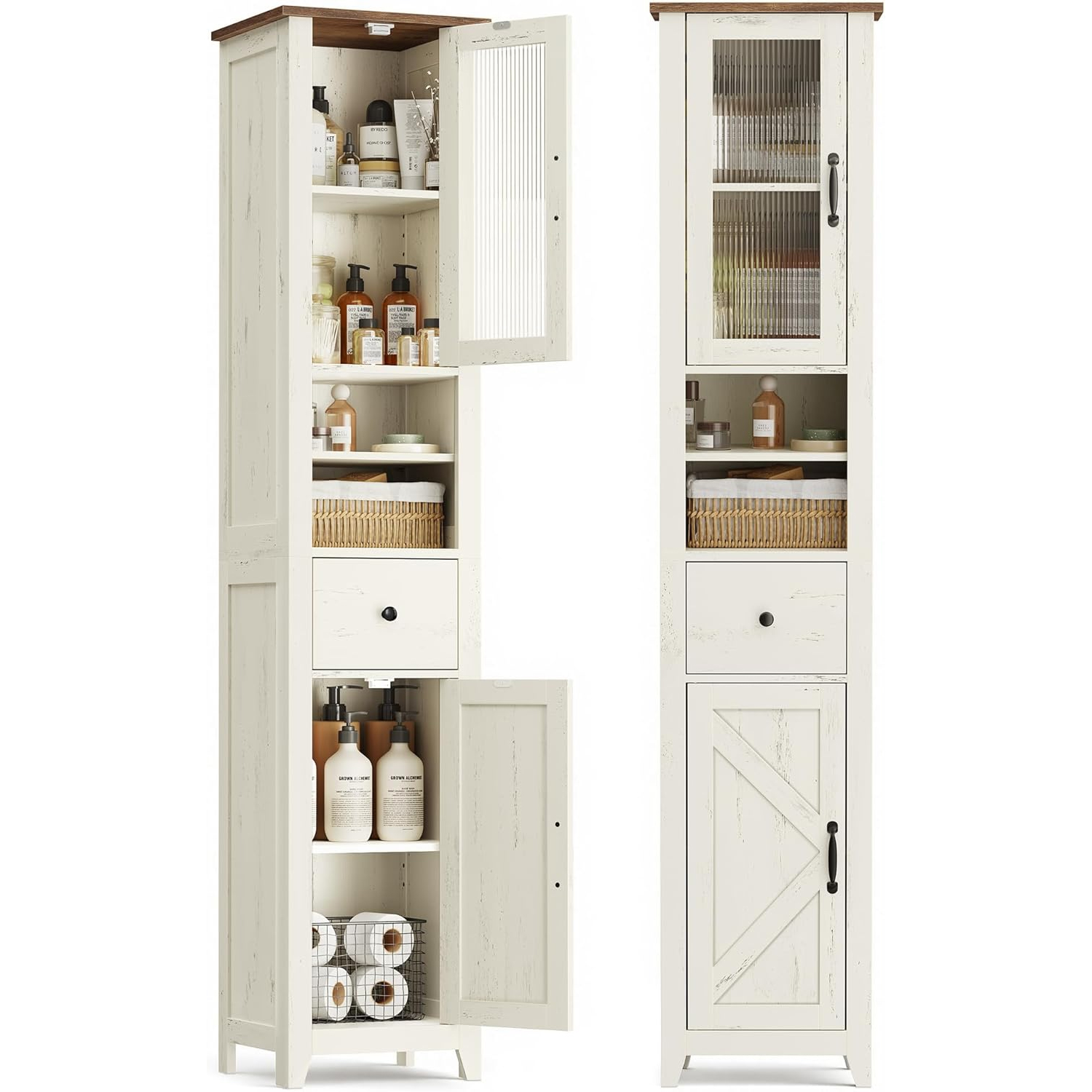 VASAGLE Dulap baie ingust Liry, tip coloana, cu sertar, compartimente deschise si usi, MDF, 33x32x171 cm, alb rustic