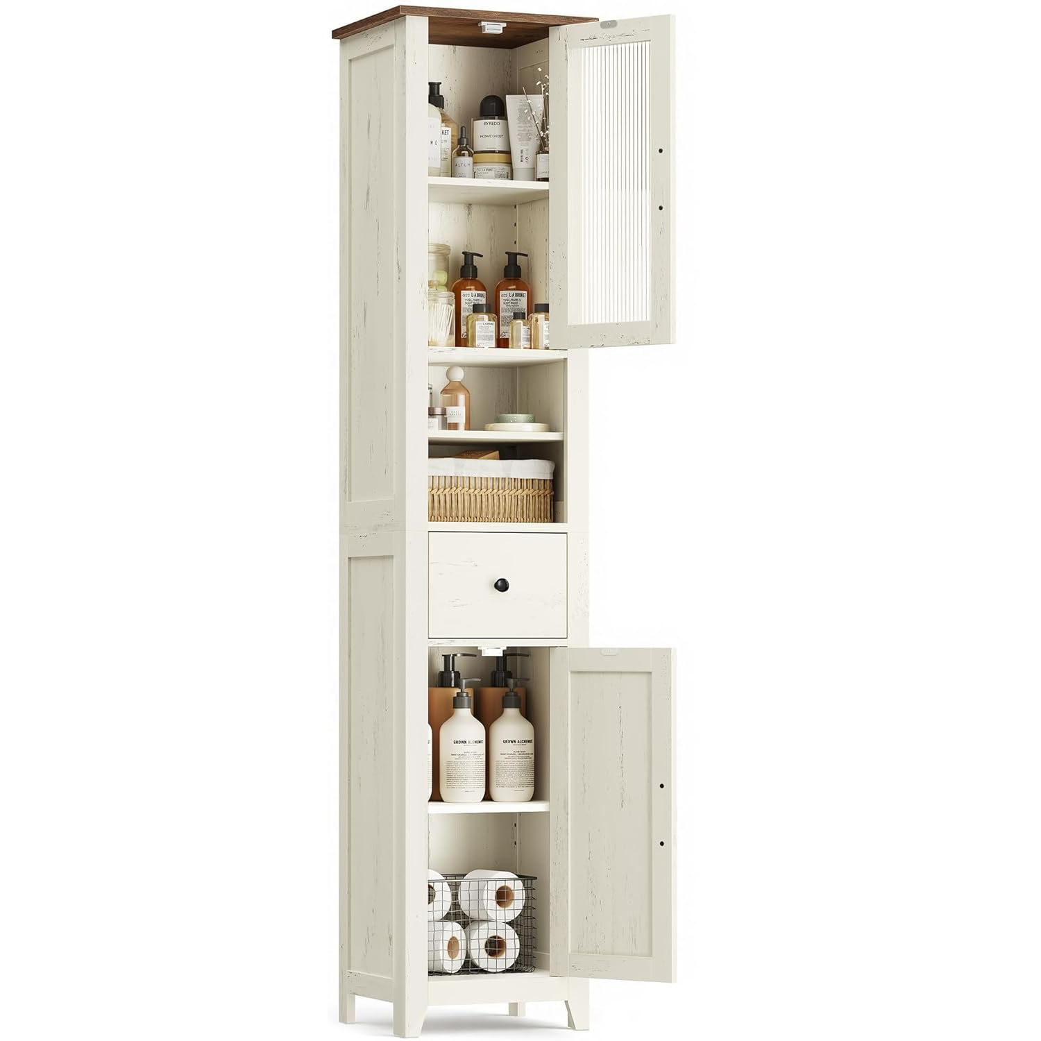 VASAGLE Dulap baie ingust Liry, tip coloana, cu sertar, compartimente deschise si usi, MDF, 33x32x171 cm, alb rustic - imagine 9