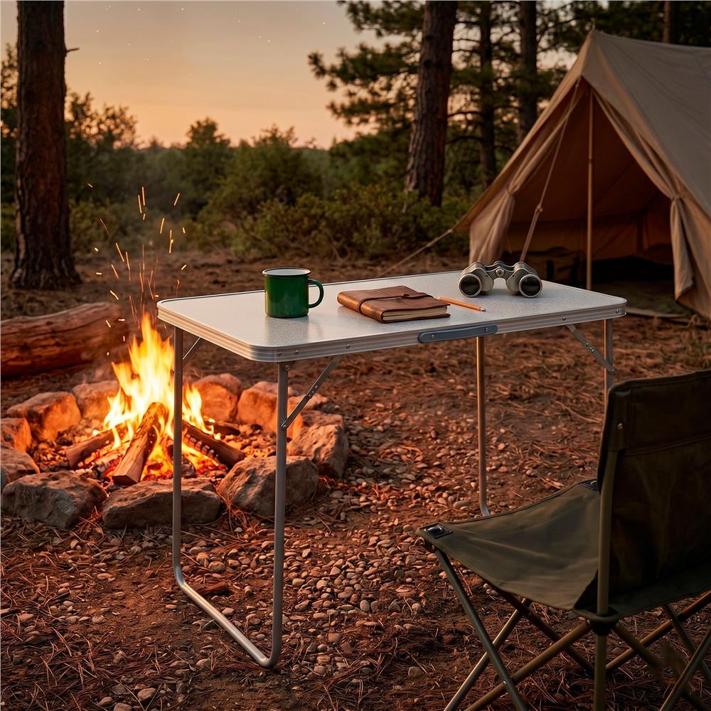 Masa pliabila pentru camping, cu maner transport, blat MDF si cadru aluminiu, 90x60x70 cm, gri - imagine 16