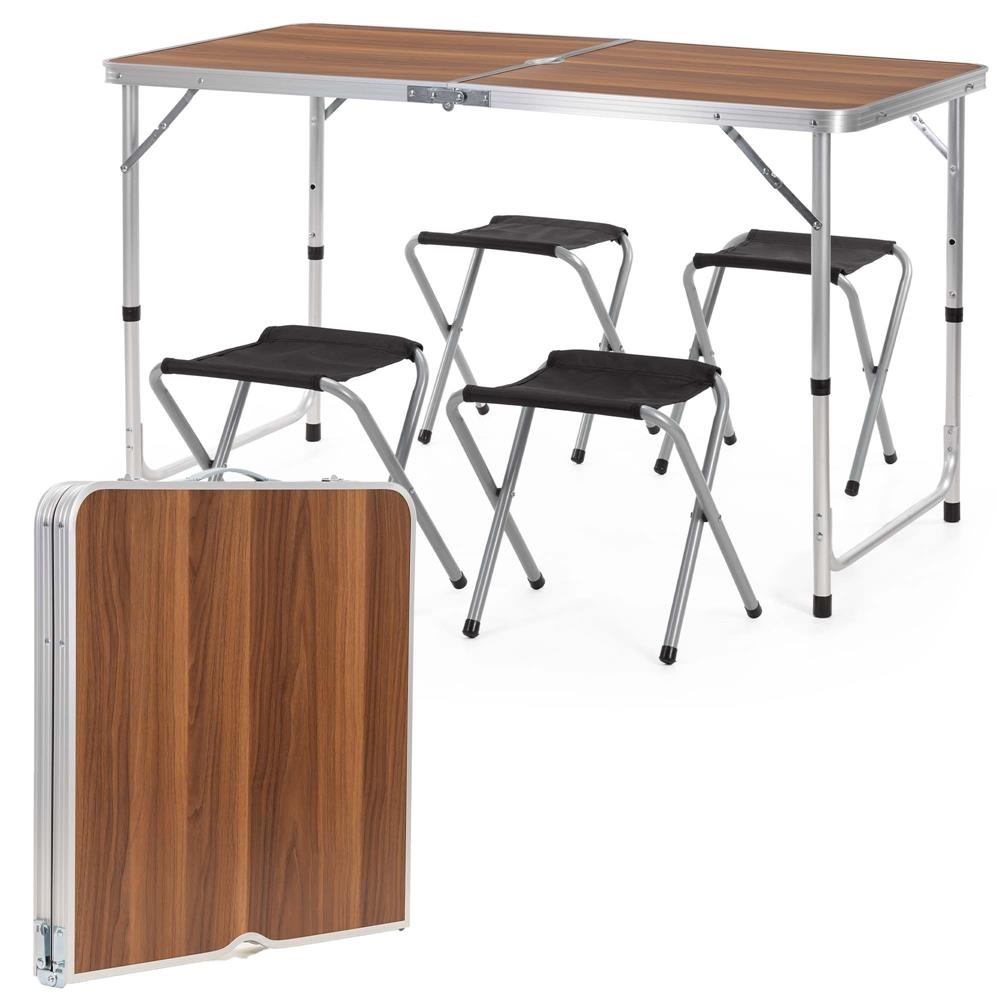 Set masa pliabila de camping cu 4 scaune, inaltime reglabila, aluminiu si MDF, 120x60x71 cm, maro si argintiu - imagine 2