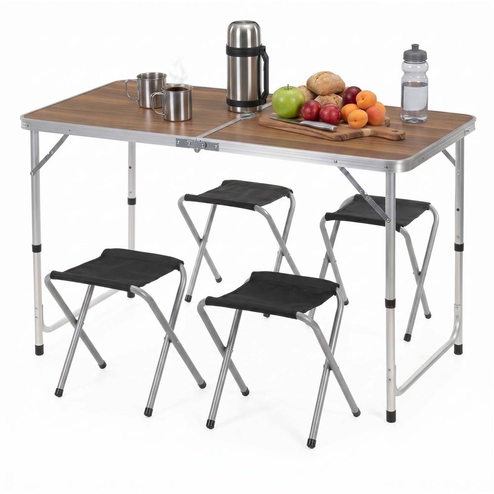 Set masa pliabila de camping cu 4 scaune, inaltime reglabila, aluminiu si MDF, 120x60x71 cm, maro si argintiu - imagine 21