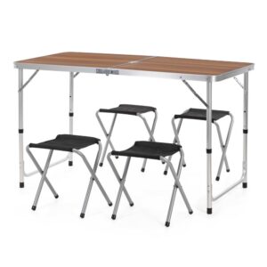 Set masa pliabila de camping cu 4 scaune, inaltime reglabila, aluminiu si MDF, 120x60x71 cm, maro si argintiu