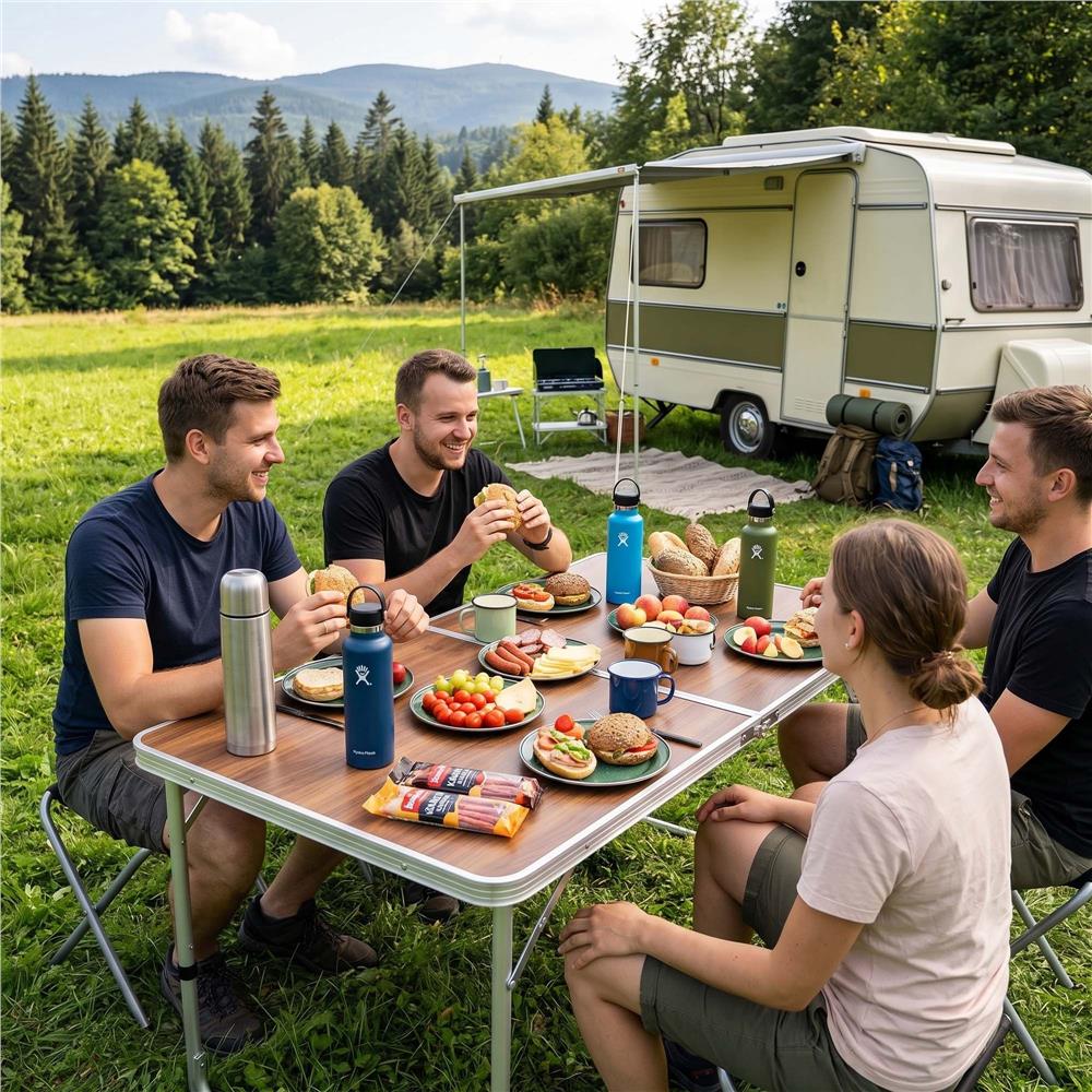 Set masa pliabila de camping cu 4 scaune, inaltime reglabila, aluminiu si MDF, 120x60x71 cm, maro si argintiu - imagine 27