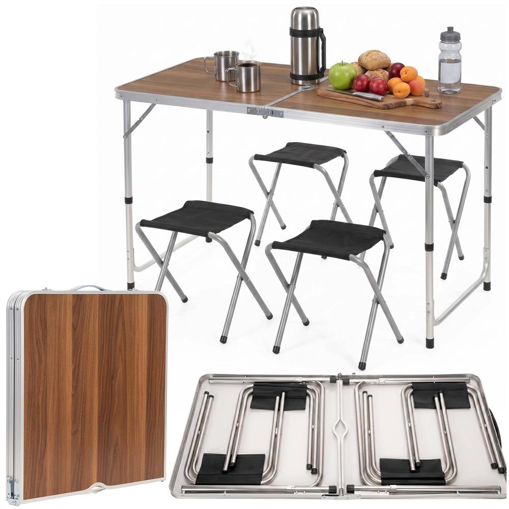 Set masa pliabila de camping cu 4 scaune, inaltime reglabila, aluminiu si MDF, 120x60x71 cm, maro si argintiu - imagine 4