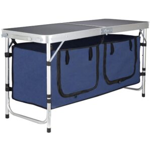 Masa pliabila pentru camping cu organizator suspendat, inaltime reglabila, aluminiu si MDF, 120x47x71 cm, negru si argintiu