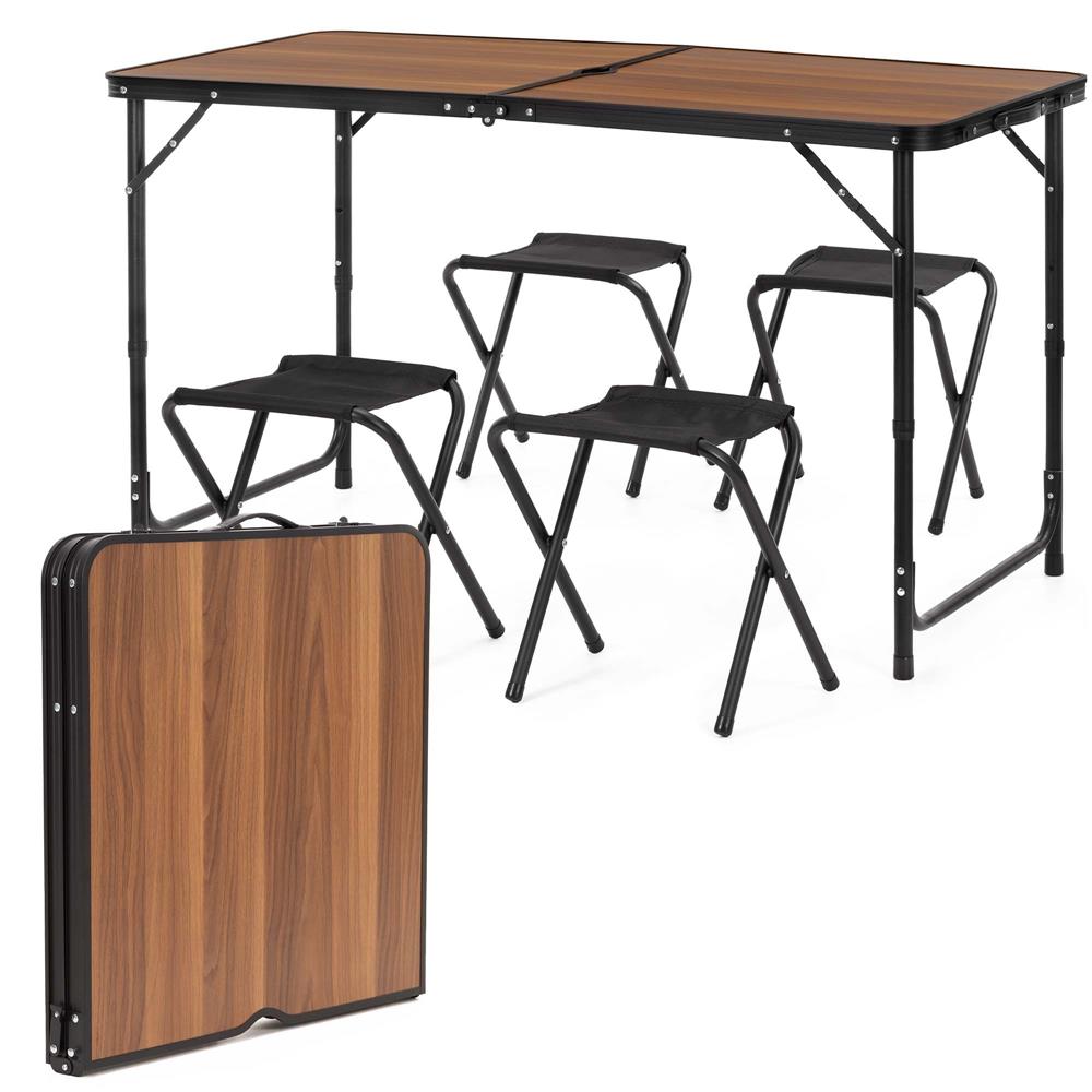 Set masa pliabila de camping cu 4 scaune, inaltime reglabila, aluminiu si MDF, 120x60x71 cm, maro si negru - imagine 2