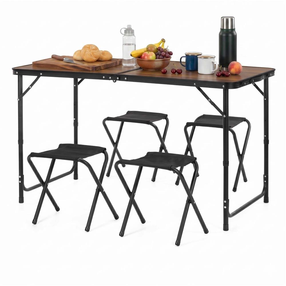 Set masa pliabila de camping cu 4 scaune, inaltime reglabila, aluminiu si MDF, 120x60x71 cm, maro si negru - imagine 24