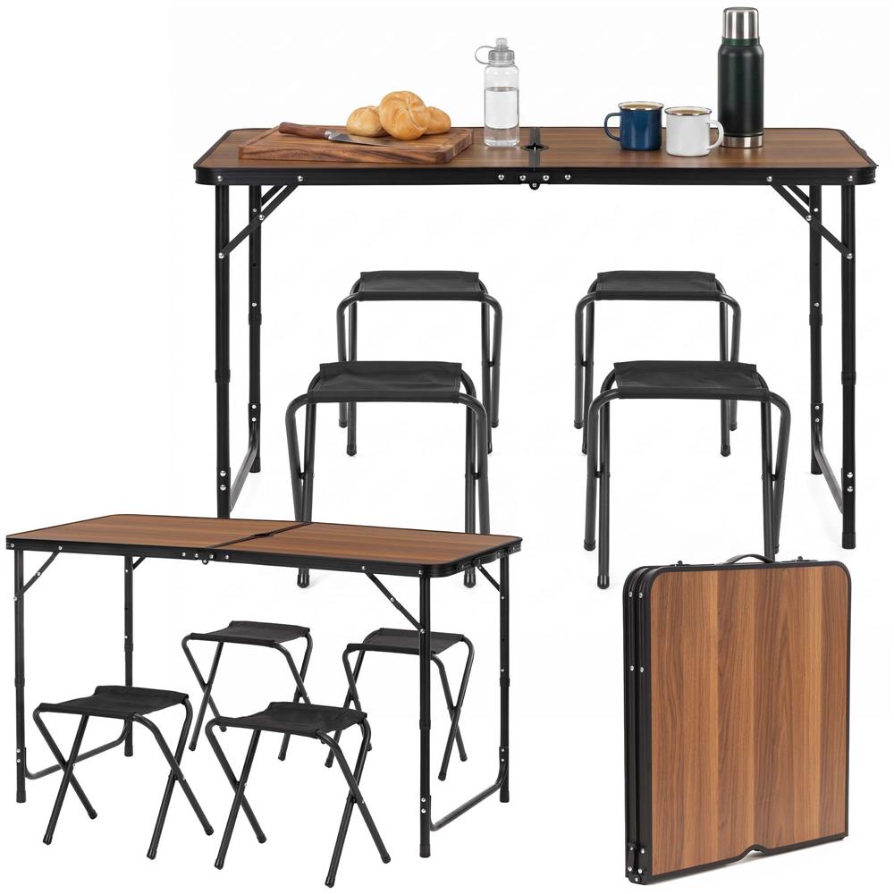 Set masa pliabila de camping cu 4 scaune, inaltime reglabila, aluminiu si MDF, 120x60x71 cm, maro si negru - imagine 4