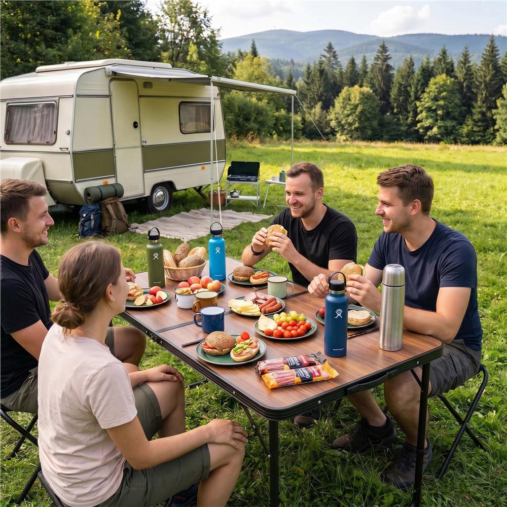 Set masa pliabila de camping cu 4 scaune, inaltime reglabila, aluminiu si MDF, 120x60x71 cm, maro si negru - imagine 31