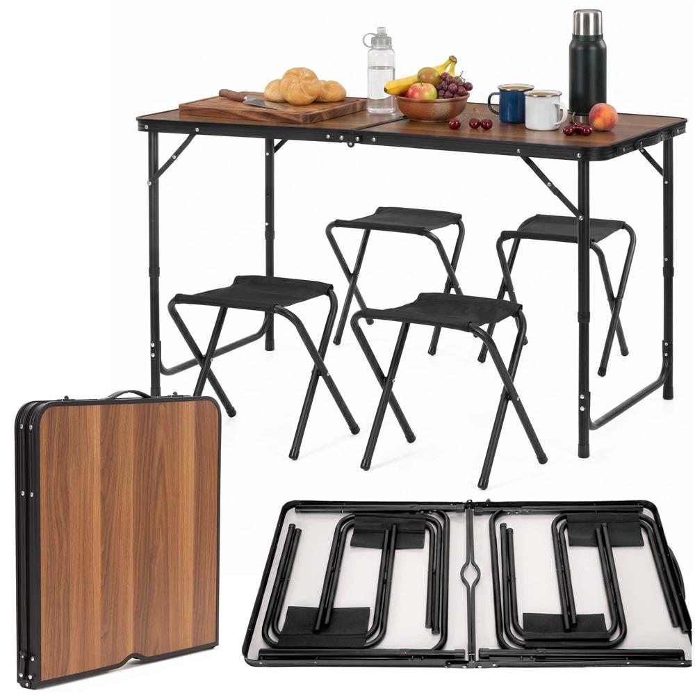 Set masa pliabila de camping cu 4 scaune, inaltime reglabila, aluminiu si MDF, 120x60x71 cm, maro si negru - imagine 5