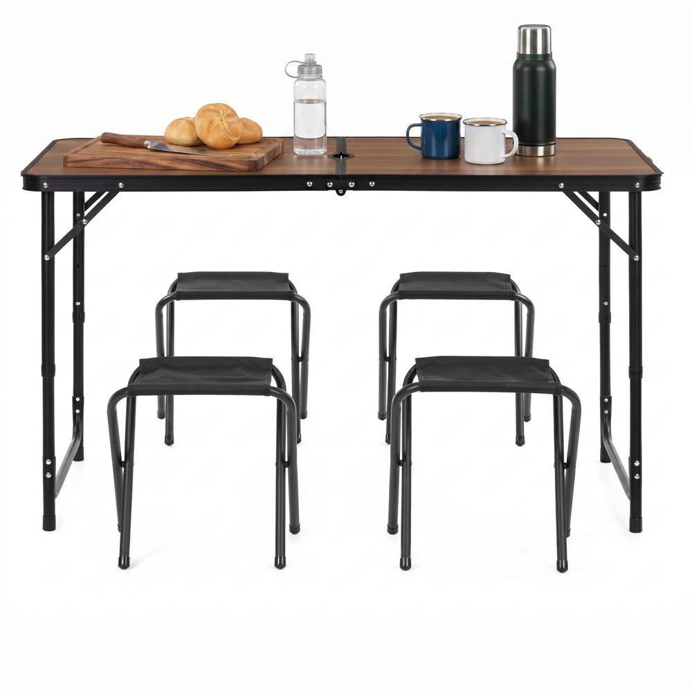 Set masa pliabila de camping cu 4 scaune, inaltime reglabila, aluminiu si MDF, 120x60x71 cm, maro si negru - imagine 10