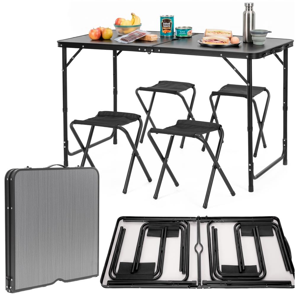 Set masa pliabila de camping cu 4 scaune, inaltime reglabila, aluminiu si MDF, 120x60x71 cm, negru - imagine 6
