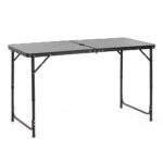 Masa pliabila pentru camping cu suport umbrela, reglabila pe inaltime, aluminiu si MDF, 120x60x71 cm, negru si gri