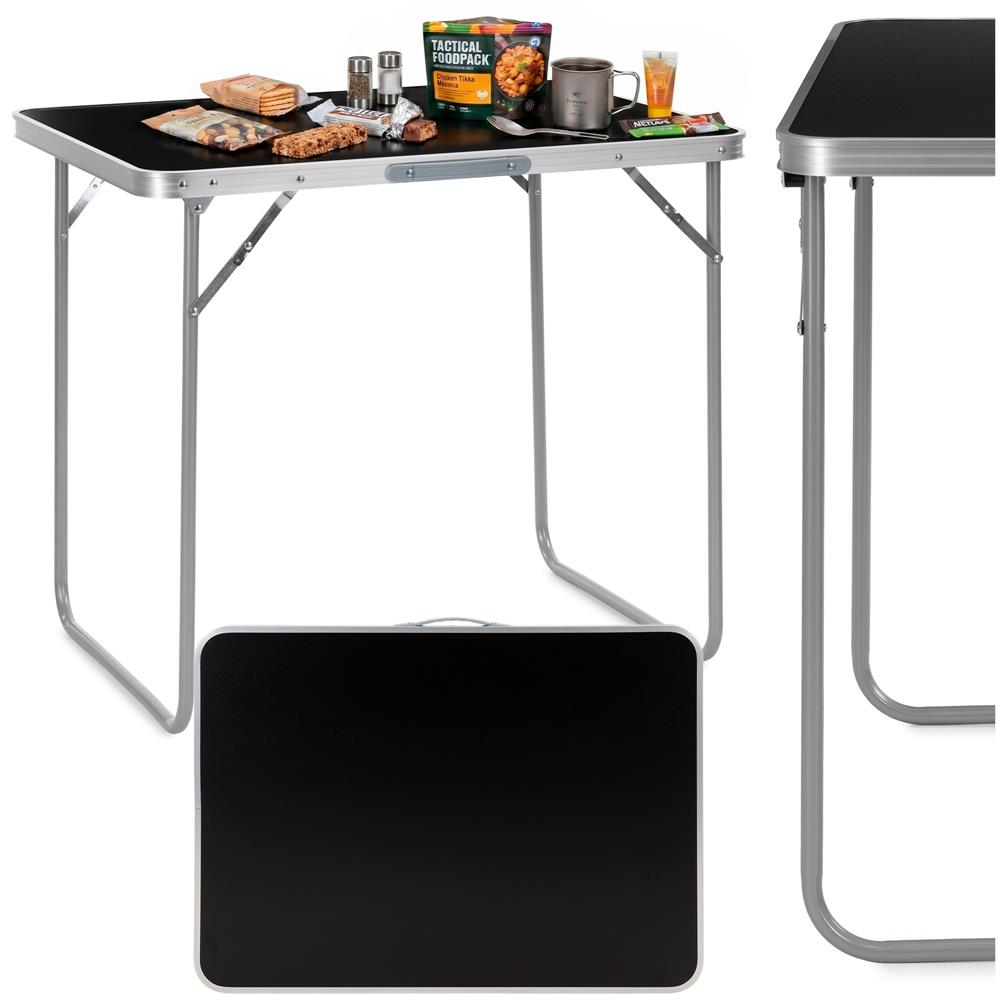 Masa pliabila camping cu maner transport, blat MDF si cadru aluminiu, 80x60x70 cm, argintiu si negru - imagine 2