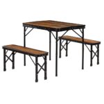 Set masa pliabila cu 2 banci pentru camping, reglabila pe inaltime, MDF si aluminiu, 90x60x70 cm, maro si negru