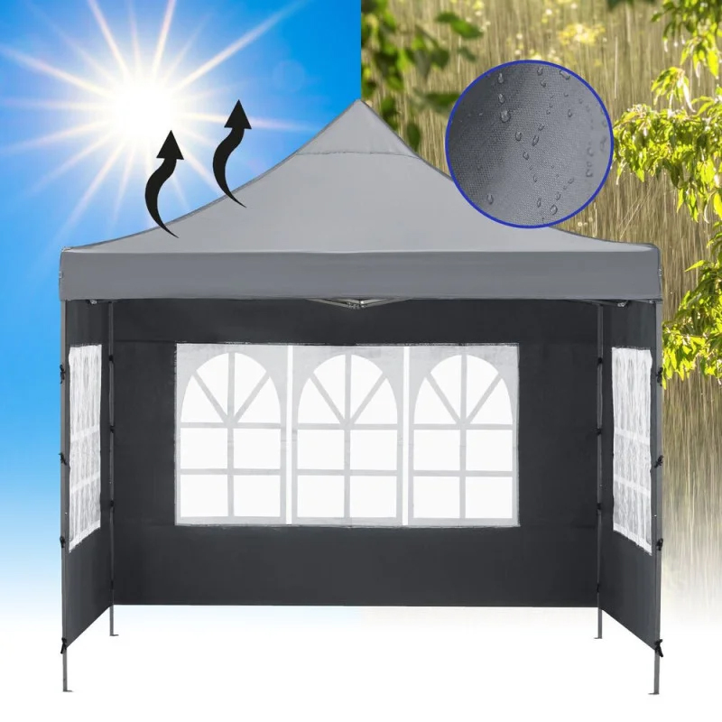 Cort pavilion de gradina, pliere rapida, 300x300 cm, inaltime reglabila, cu 3 pereti laterali, impermeabil, gri - imagine 11