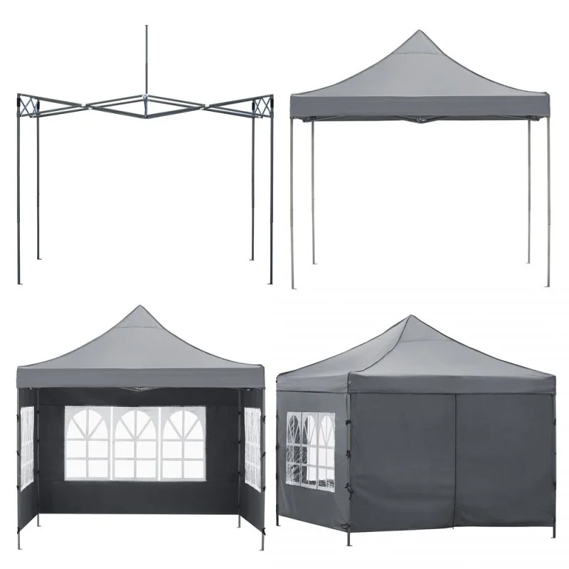 Cort pavilion de gradina, pliere rapida, 300x300 cm, inaltime reglabila, cu 3 pereti laterali, impermeabil, gri - imagine 6