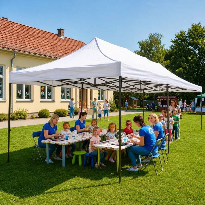 Cort pavilion de gradina, pliere rapida, 300x600 cm, inaltime reglabila, cu 3 pereti laterali, impermeabil, alb - imagine 5