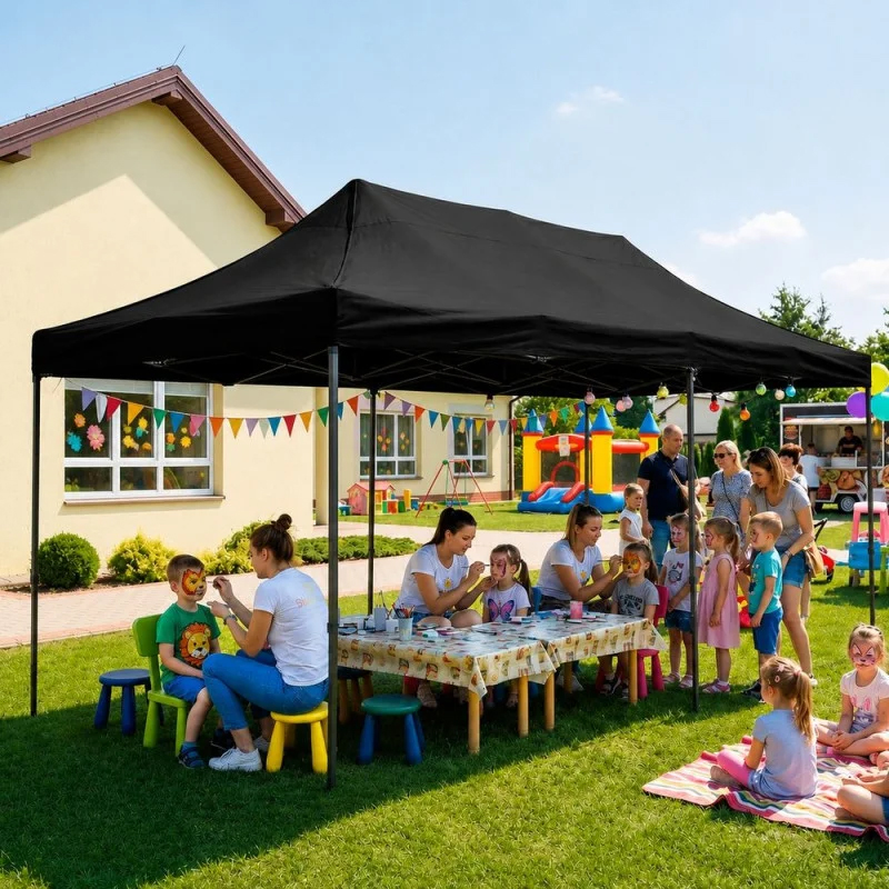 Cort pavilion de gradina, pliere rapida, 300x600 cm, inaltime reglabila, cu 3 pereti laterali, impermeabil, negru - imagine 3