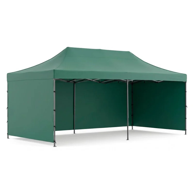 Cort pavilion de gradina, pliere rapida, 300x600 cm, inaltime reglabila, cu 3 pereti laterali, impermeabil, verde