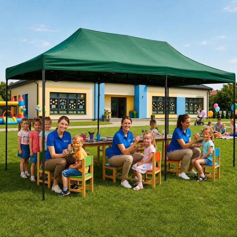 Cort pavilion de gradina, pliere rapida, 300x600 cm, inaltime reglabila, cu 3 pereti laterali, impermeabil, verde - imagine 4
