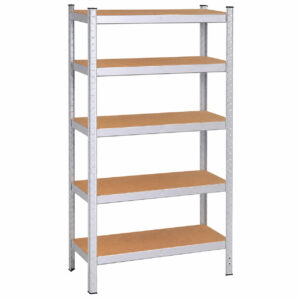 Raft metalic depozitare cu 5 polite MDF, capacitate 675 kg, 75x30x150 cm, argintiu