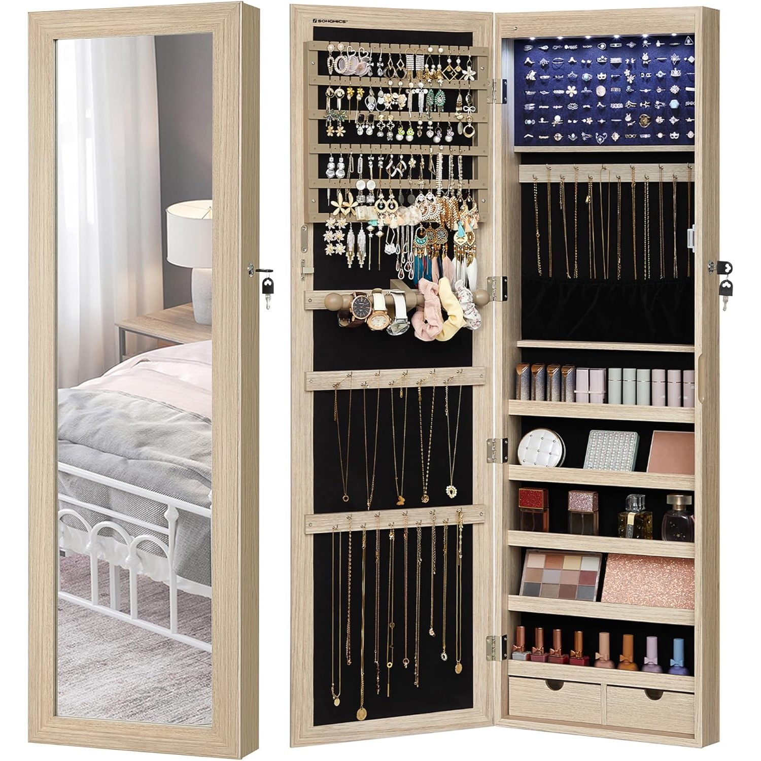 RESIGILAT: SONGMICS Dulap pentru bijuterii cu oglinda, montare pe usa sau perete, 120 x 37 cm, finisaj stejar