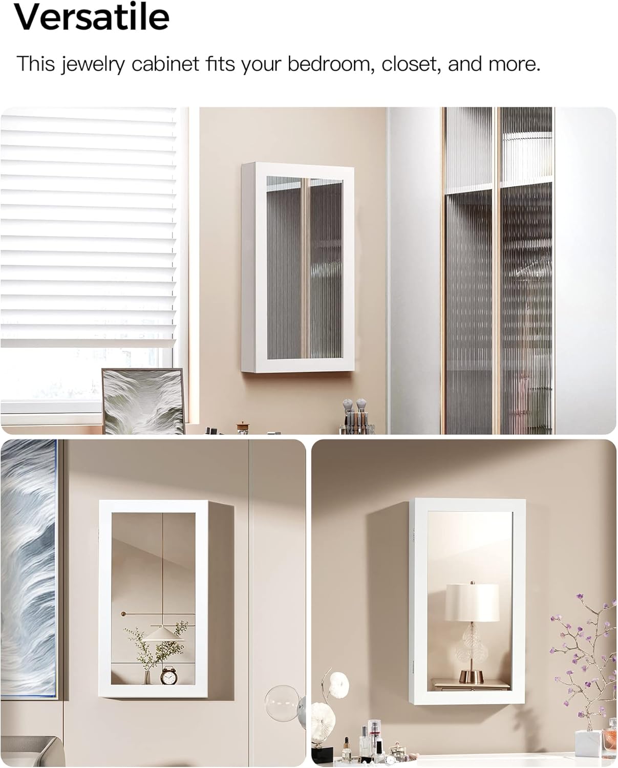 SONGMICS Dulap pentru bijuterii cu oglinda si incuietoare, montare pe perete, MDF si sticla, 55x10x67 cm, alb - imagine 5