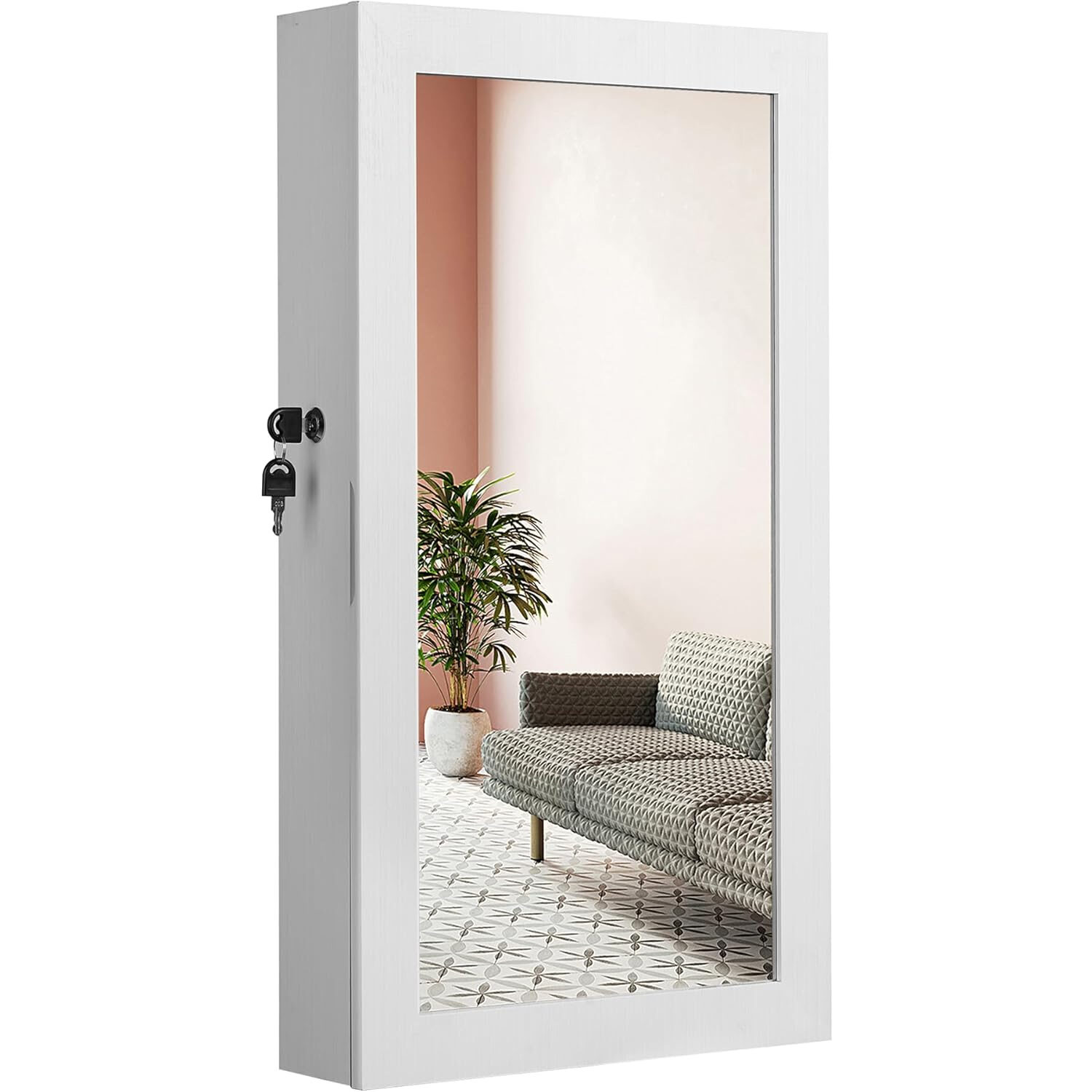SONGMICS Dulap pentru bijuterii cu oglinda si incuietoare, montare pe perete, MDF si sticla, 55x10x67 cm, alb - imagine 2