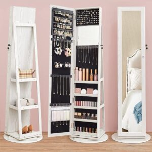 SONGMICS Dulap pentru bijuterii rotativ 360° cu oglinda, rafturi spate si incuietoare, MDF si sticla, 55x55x161 cm, gri stejar deschis