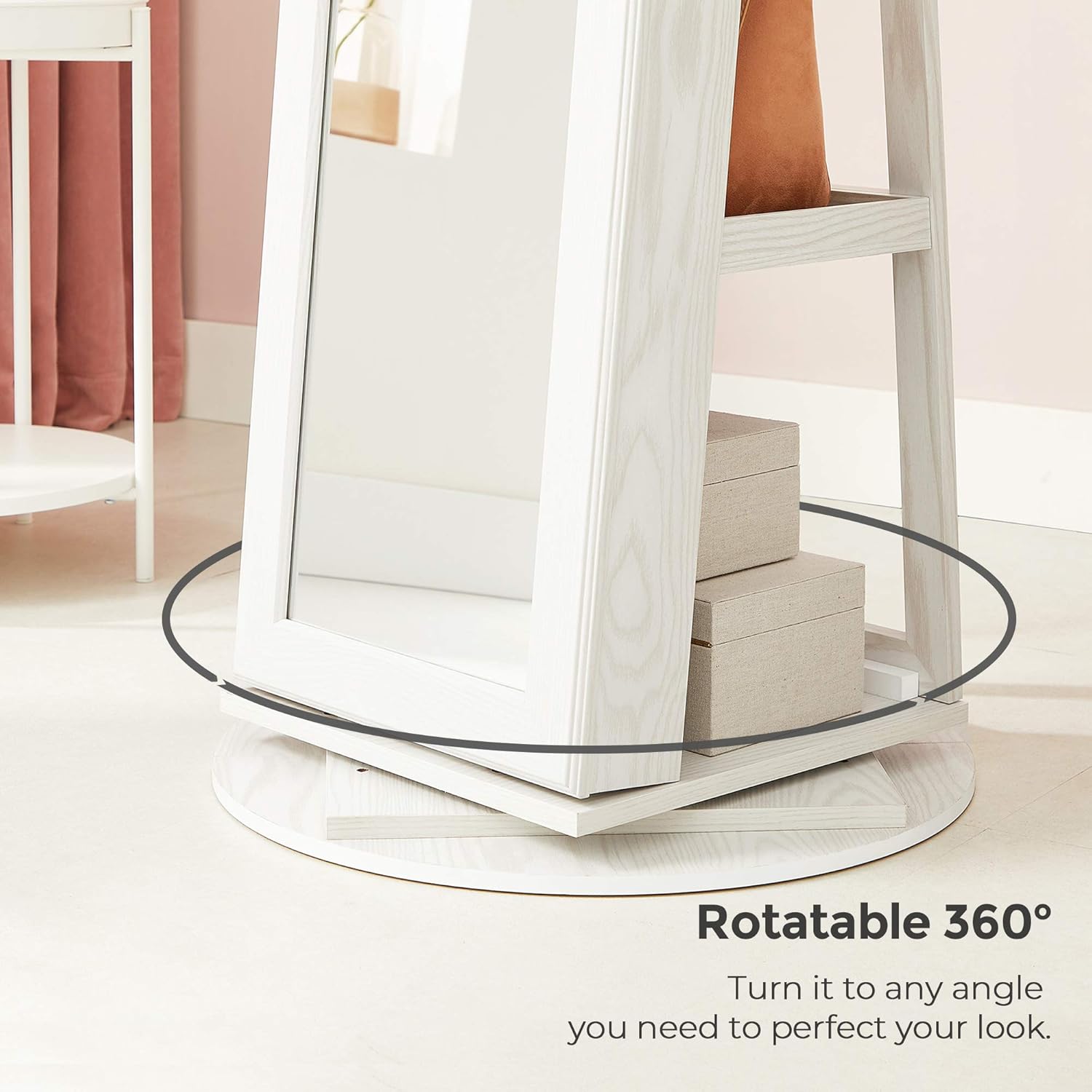 SONGMICS Dulap pentru bijuterii rotativ 360° cu oglinda, rafturi spate si incuietoare, MDF si sticla, 55x55x161 cm, gri stejar deschis - imagine 7