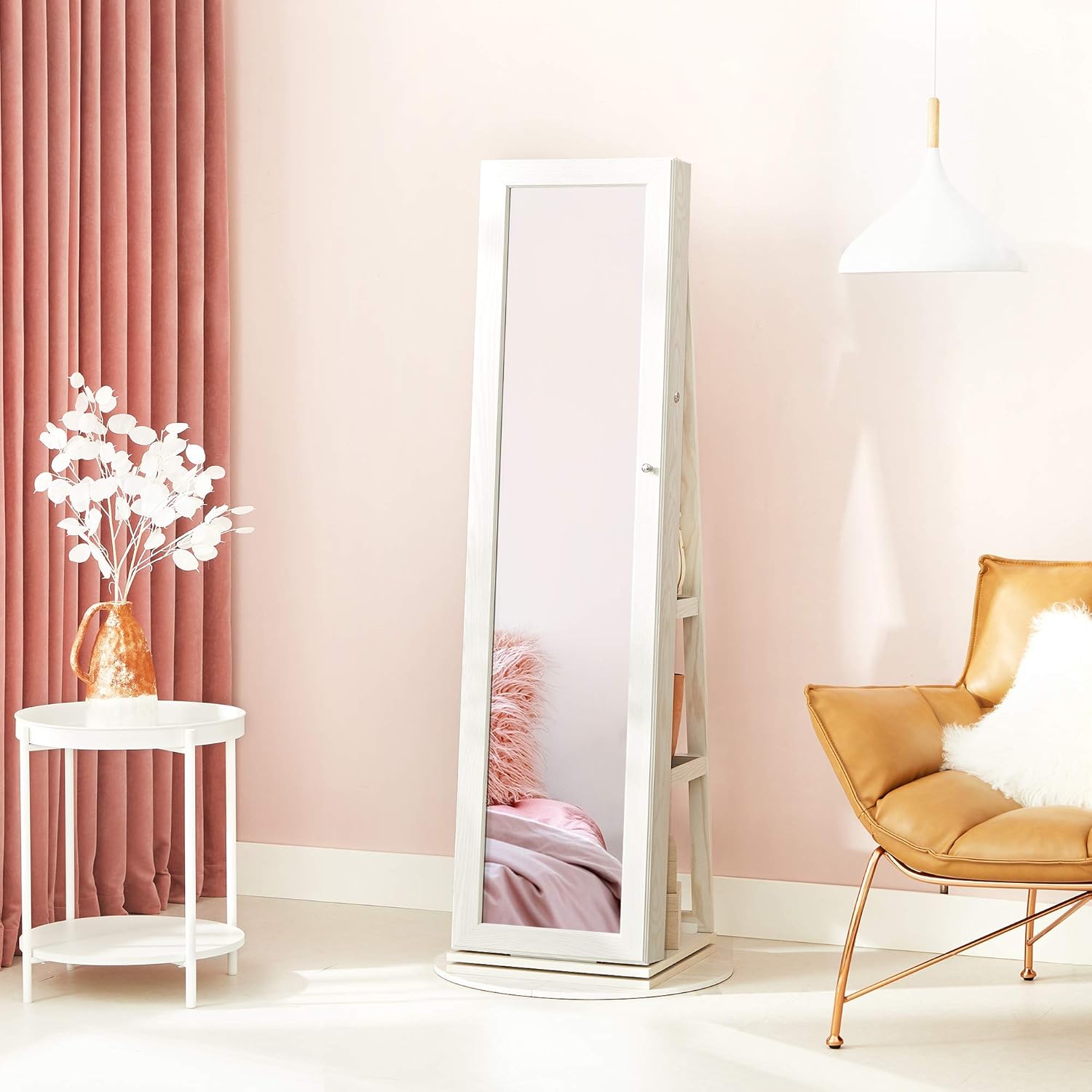 SONGMICS Dulap pentru bijuterii rotativ 360° cu oglinda, rafturi spate si incuietoare, MDF si sticla, 55x55x161 cm, gri stejar deschis - imagine 3