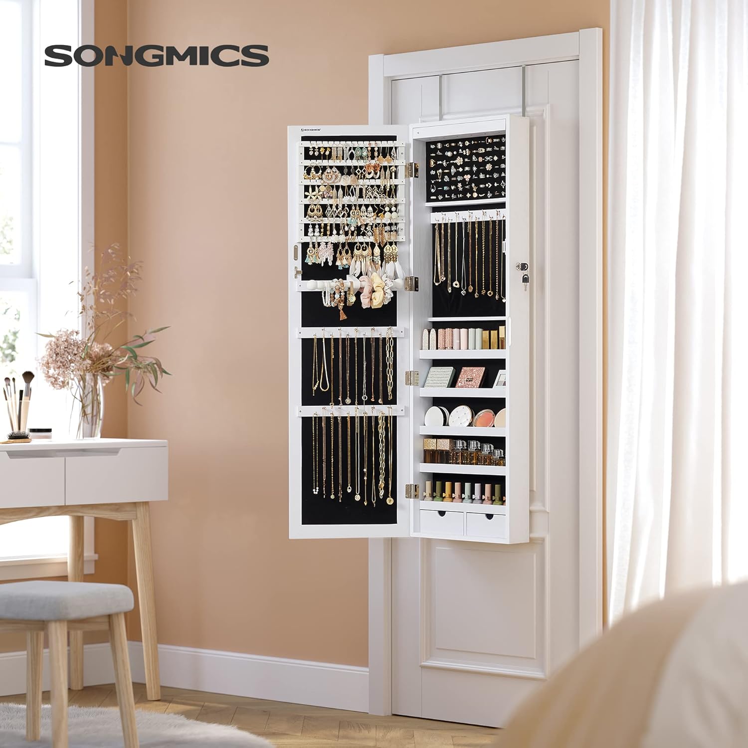 SONGMICS Dulap pentru bijuterii cu oglinda, MDF, iluminare LED, montare pe perete sau usa, 37x10x120 cm, alb - imagine 4