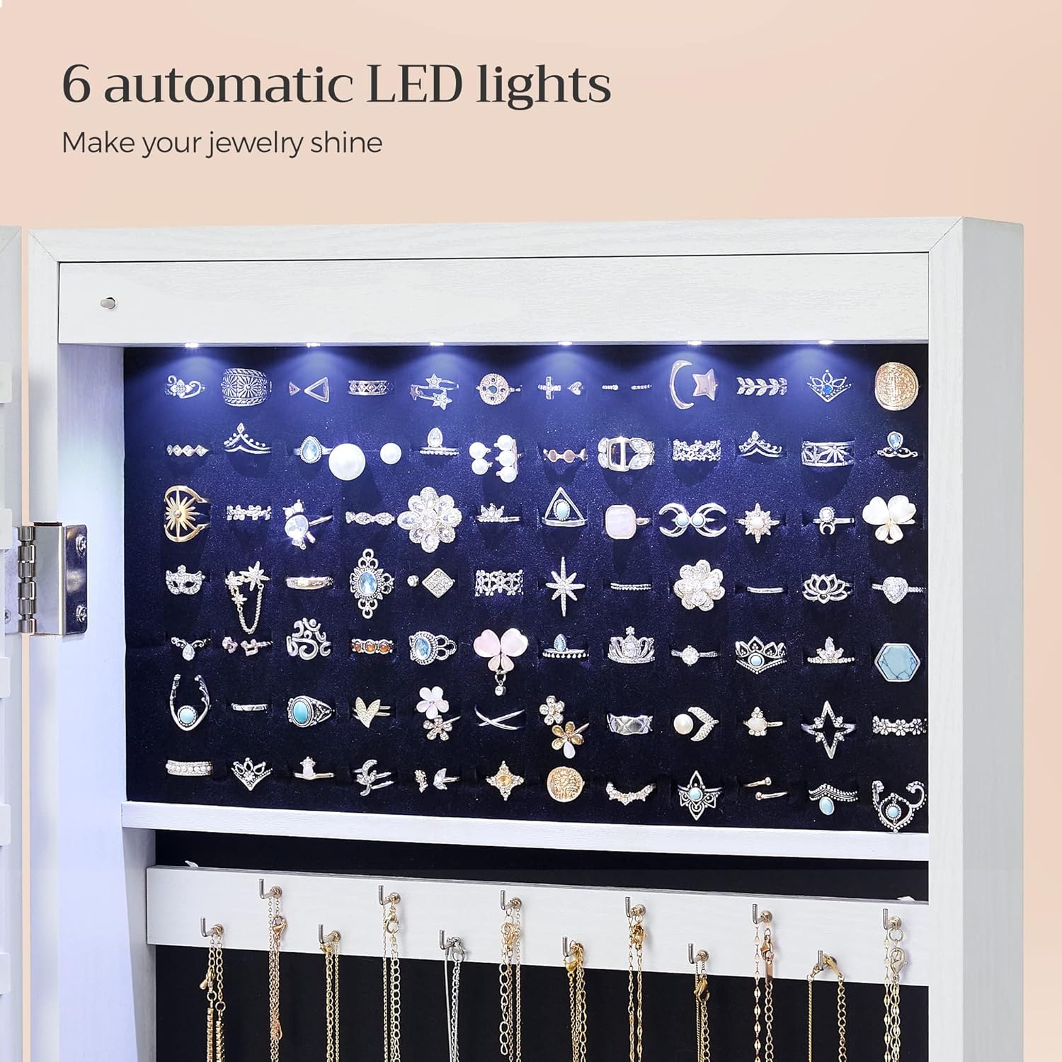 SONGMICS Dulap pentru bijuterii cu oglinda, MDF, iluminare LED, montare pe perete sau usa, 37x10x120 cm, alb - imagine 7