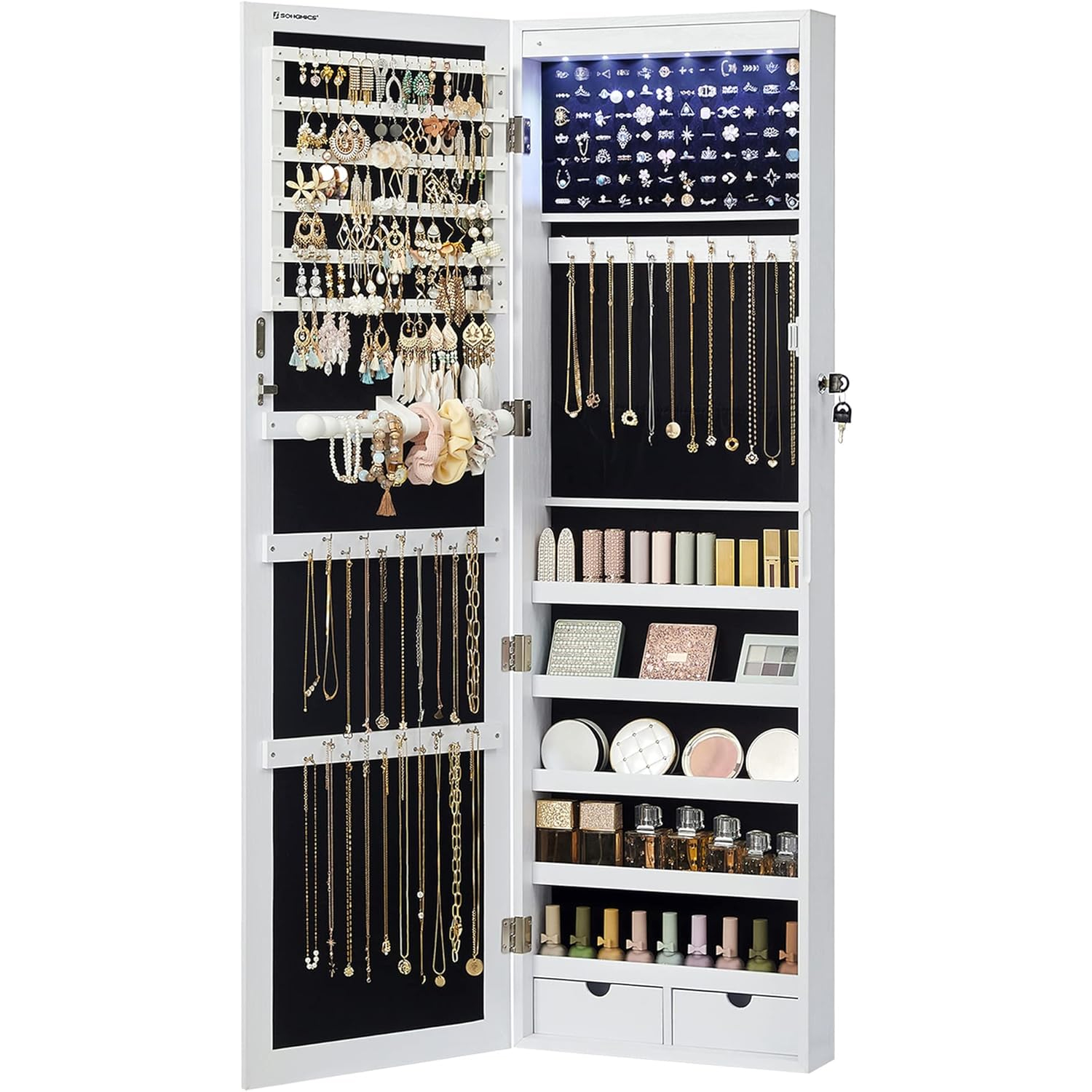 SONGMICS Dulap pentru bijuterii cu oglinda, MDF, iluminare LED, montare pe perete sau usa, 37x10x120 cm, alb - imagine 8