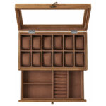 SONGMICS Cutie pentru 12 ceasuri cu sertar pentru bijuterii, capac din sticla, interior catifea, lemn, 34x19x13 cm, nuc rustic