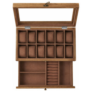 SONGMICS Cutie pentru 12 ceasuri cu sertar pentru bijuterii, capac din sticla, interior catifea, lemn, 34x19x13 cm, nuc rustic