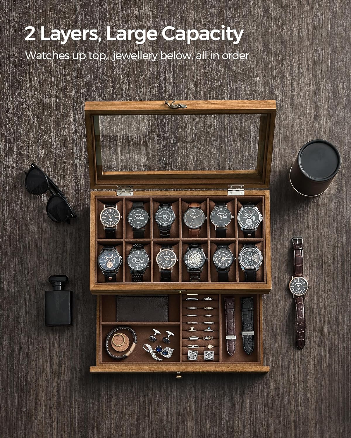 SONGMICS Cutie pentru 12 ceasuri cu sertar pentru bijuterii, capac din sticla, interior catifea, lemn, 34x19x13 cm, nuc rustic - imagine 6