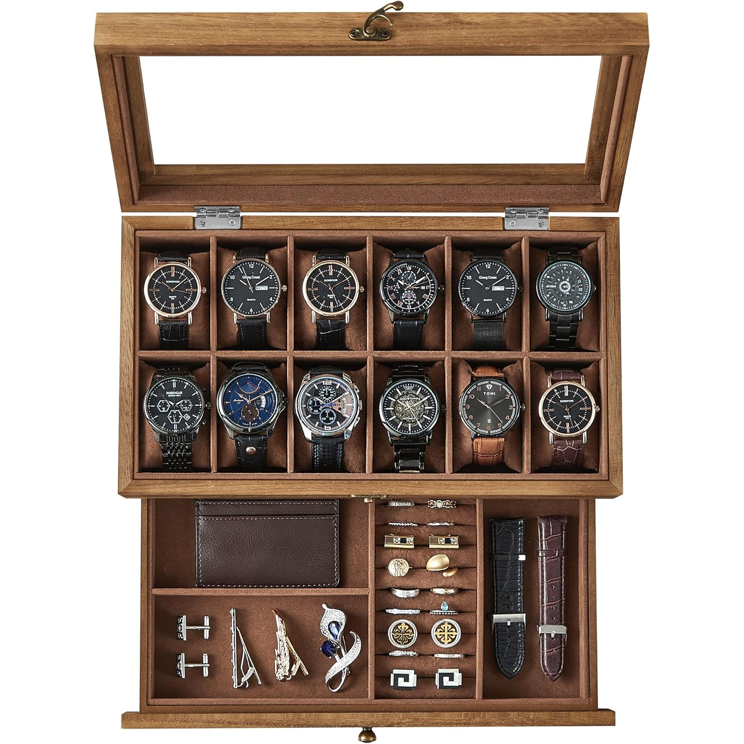 SONGMICS Cutie pentru 12 ceasuri cu sertar pentru bijuterii, capac din sticla, interior catifea, lemn, 34x19x13 cm, nuc rustic - imagine 8