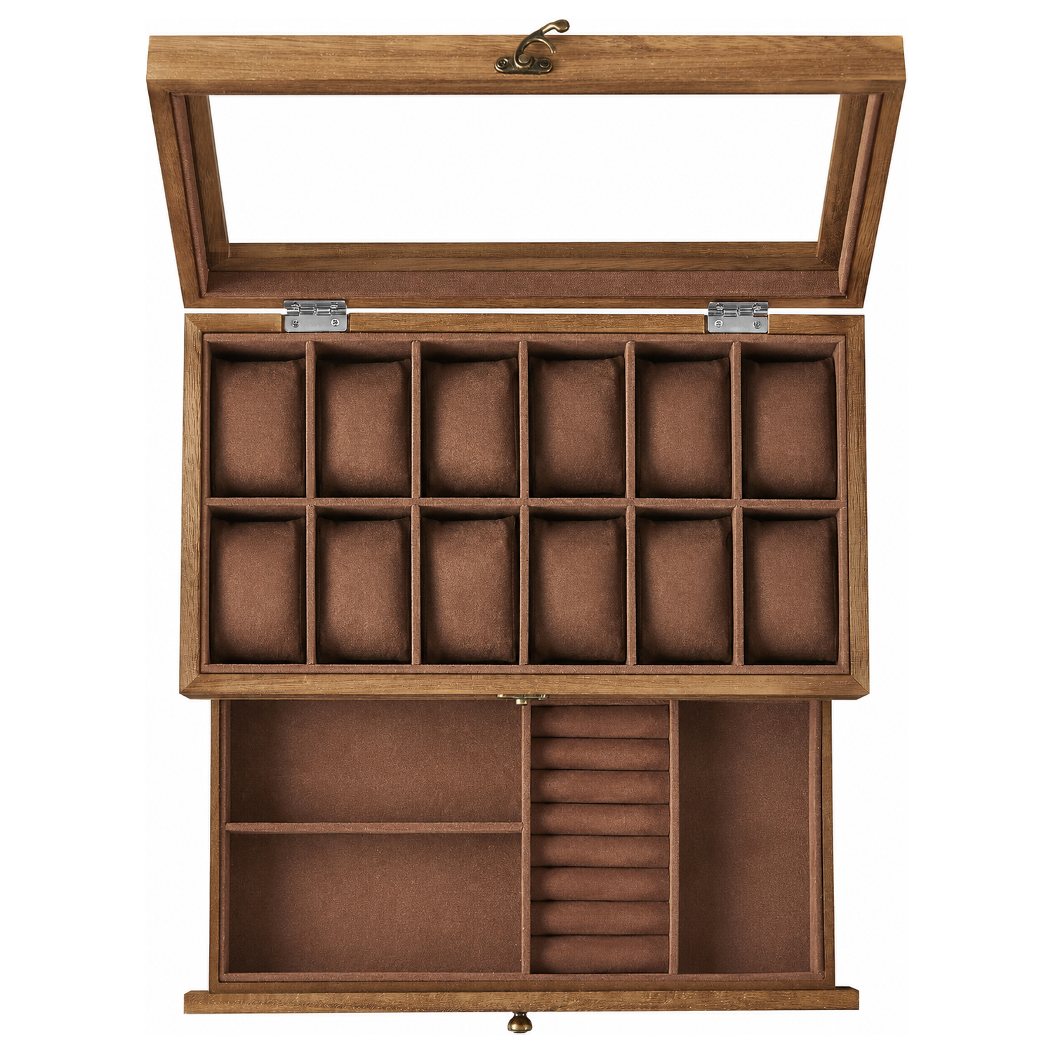 SONGMICS Cutie pentru 12 ceasuri cu sertar pentru bijuterii, capac din sticla, interior catifea, lemn, 34x19x13 cm, nuc rustic