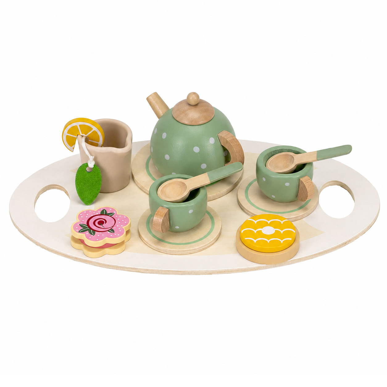Jucarie din lemn set complet ceai pentru copii, 14 piese, tava inclusa, 28x17 cm, multicolor