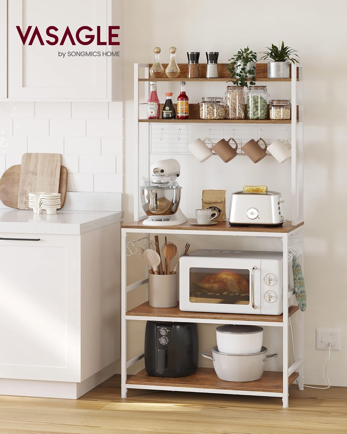 VASAGLE Raft de bucatarie cu spatiu pentru cuptorul cu microunde, 5 rafturi reglabile, 4 prize incorporate, cadru metalic, 80x40x170 cm, maro rustic si alb - imagine 2