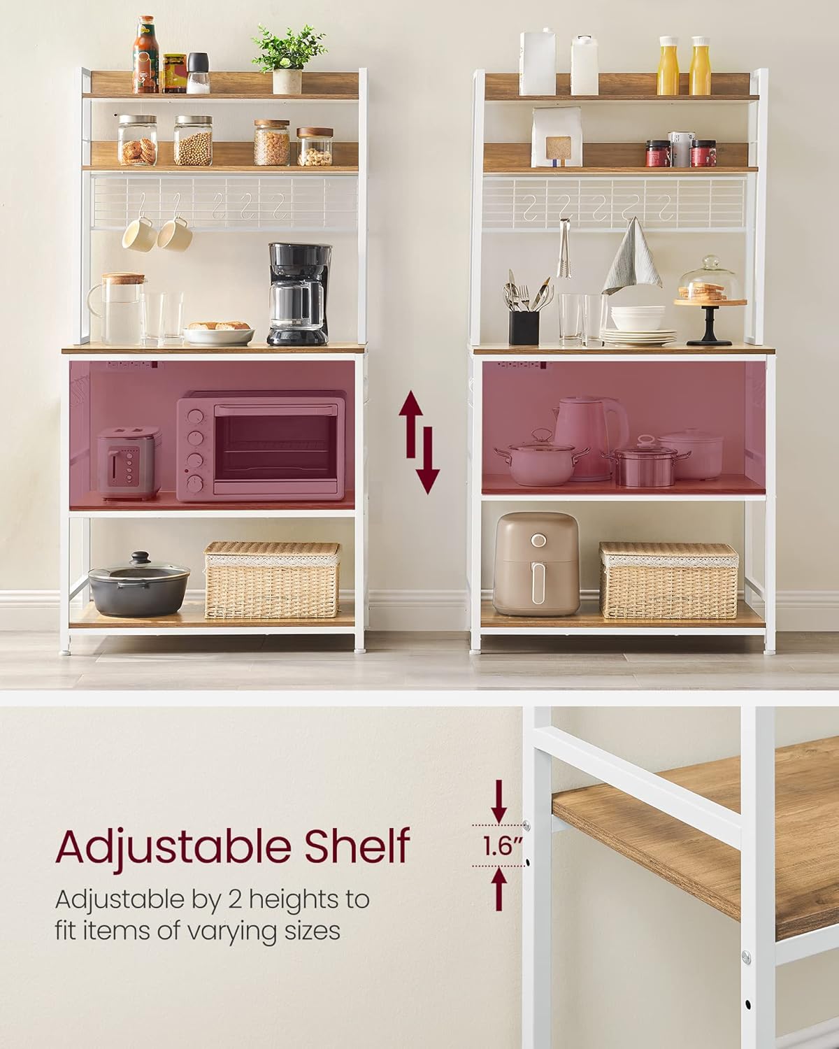 VASAGLE Raft de bucatarie cu spatiu pentru cuptorul cu microunde, 5 rafturi reglabile, 4 prize incorporate, cadru metalic, 80x40x170 cm, maro rustic si alb - imagine 5