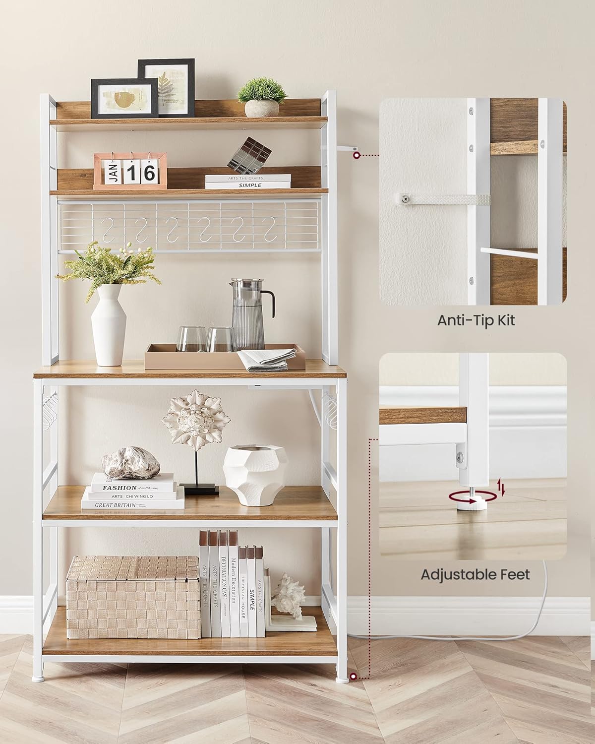 VASAGLE Raft de bucatarie cu spatiu pentru cuptorul cu microunde, 5 rafturi reglabile, 4 prize incorporate, cadru metalic, 80x40x170 cm, maro rustic si alb - imagine 6