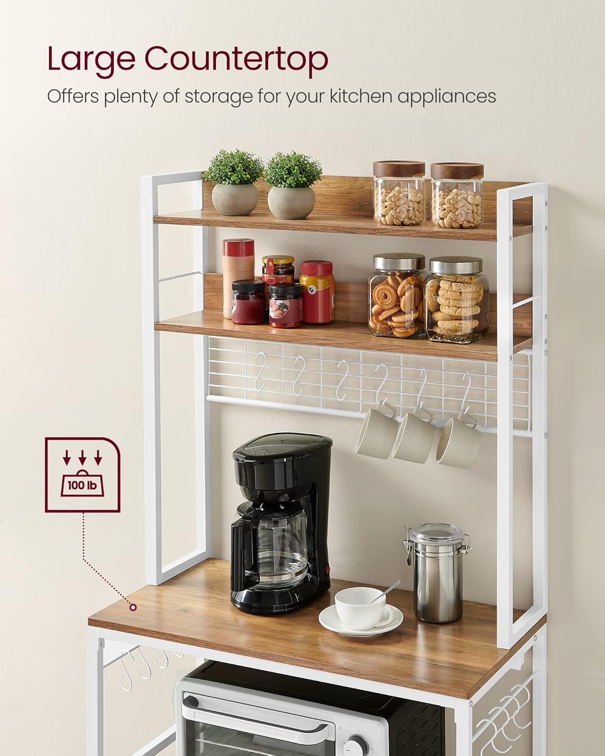 VASAGLE Raft de bucatarie cu spatiu pentru cuptorul cu microunde, 5 rafturi reglabile, 4 prize incorporate, cadru metalic, 80x40x170 cm, maro rustic si alb - imagine 7