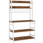 VASAGLE Raft de bucatarie cu spatiu pentru cuptorul cu microunde, 5 rafturi reglabile, 4 prize incorporate, cadru metalic, 80x40x170 cm, maro rustic si alb
