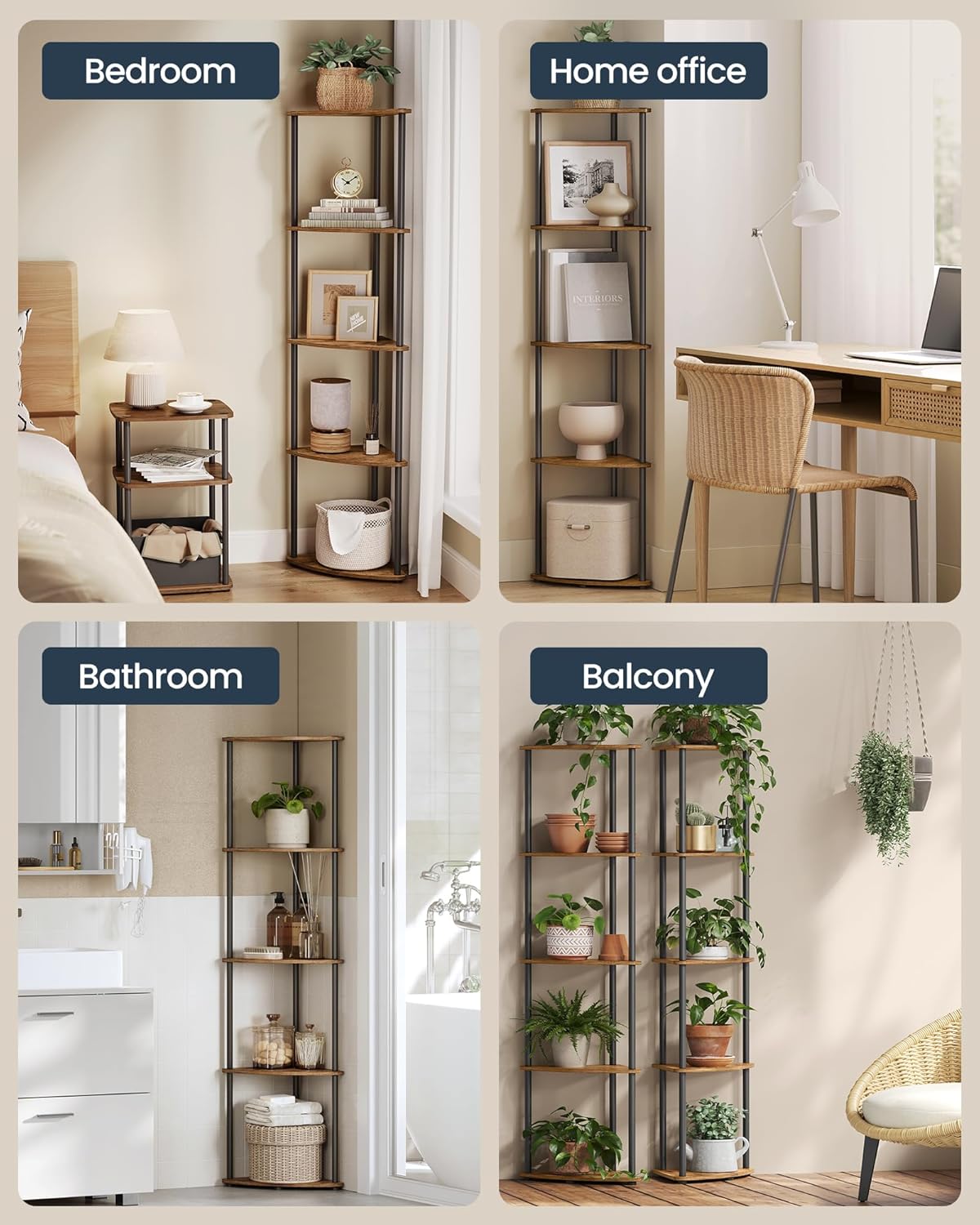 SONGMICS Etajera de colt cu 5 rafturi, cadru metalic, 38x27x139 cm, maro rustic - imagine 5