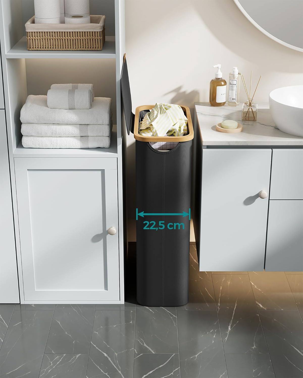 SONGMICS Cos rufe slim pentru spatii inguste, sac detasabil, 65 litri, 42x23x71 cm, negru - imagine 4