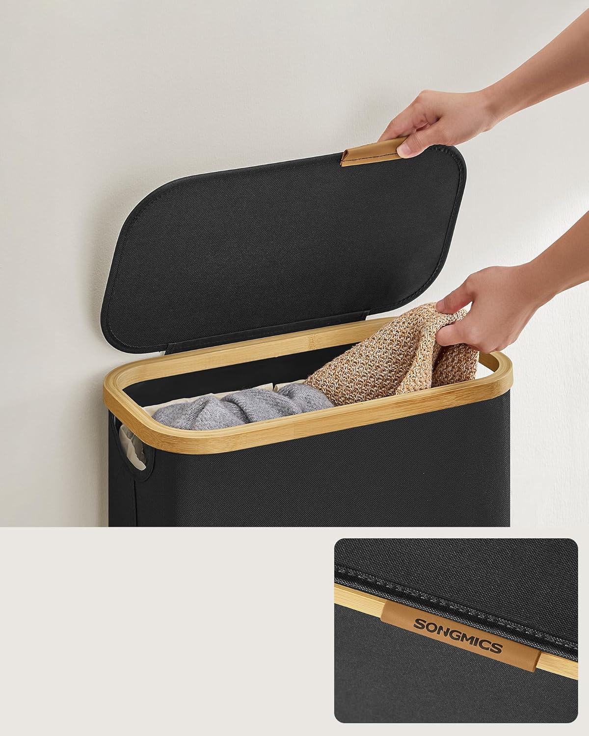 SONGMICS Cos rufe slim pentru spatii inguste, sac detasabil, 65 litri, 42x23x71 cm, negru - imagine 5