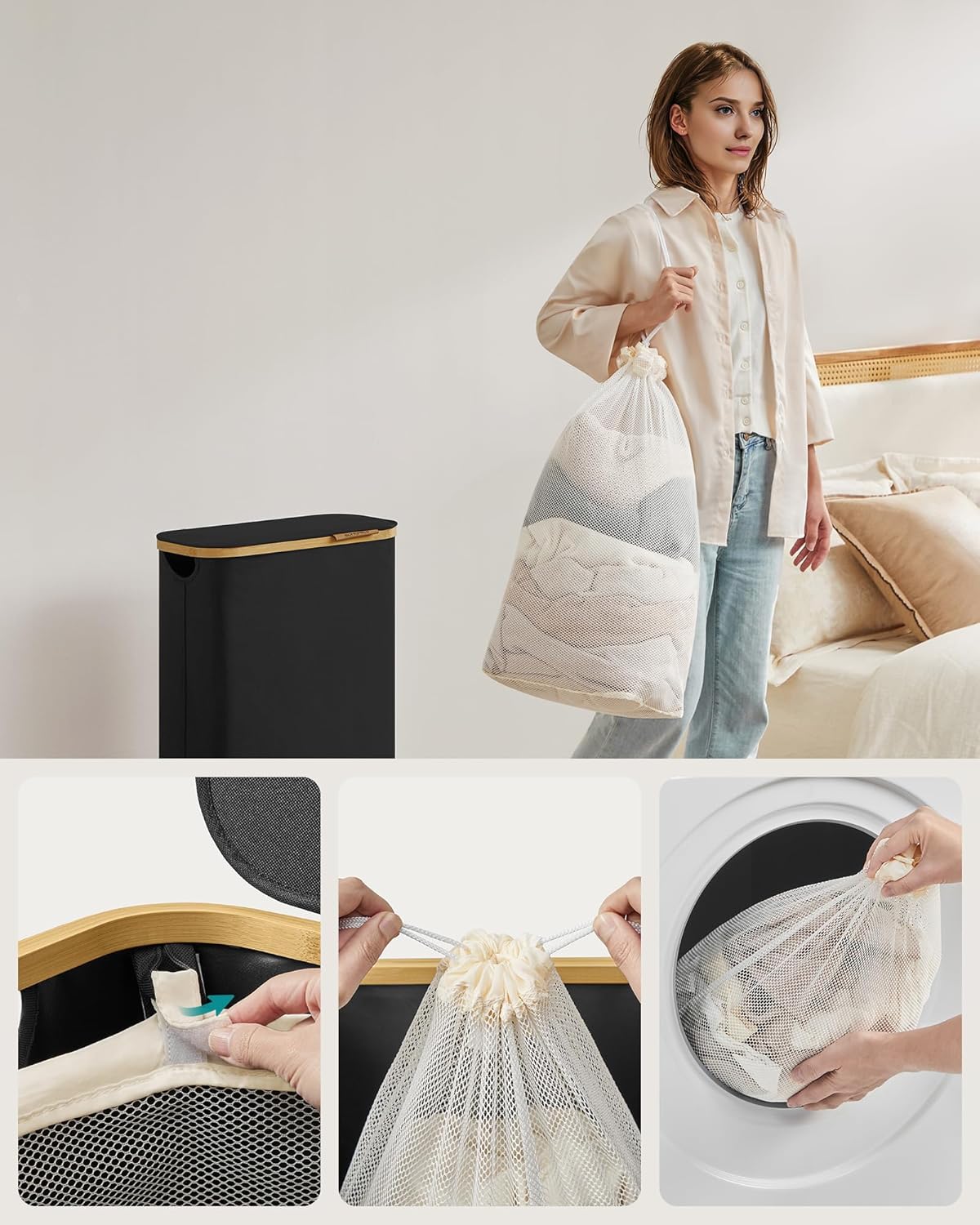 SONGMICS Cos rufe slim pentru spatii inguste, sac detasabil, 65 litri, 42x23x71 cm, negru - imagine 8